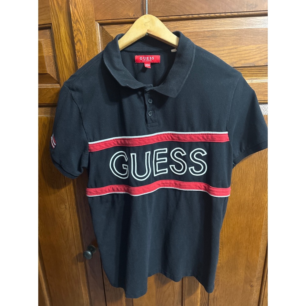 Vtg GUESS Medium Rugby Polo Shirt Spell Out Preppy Black Red 90s